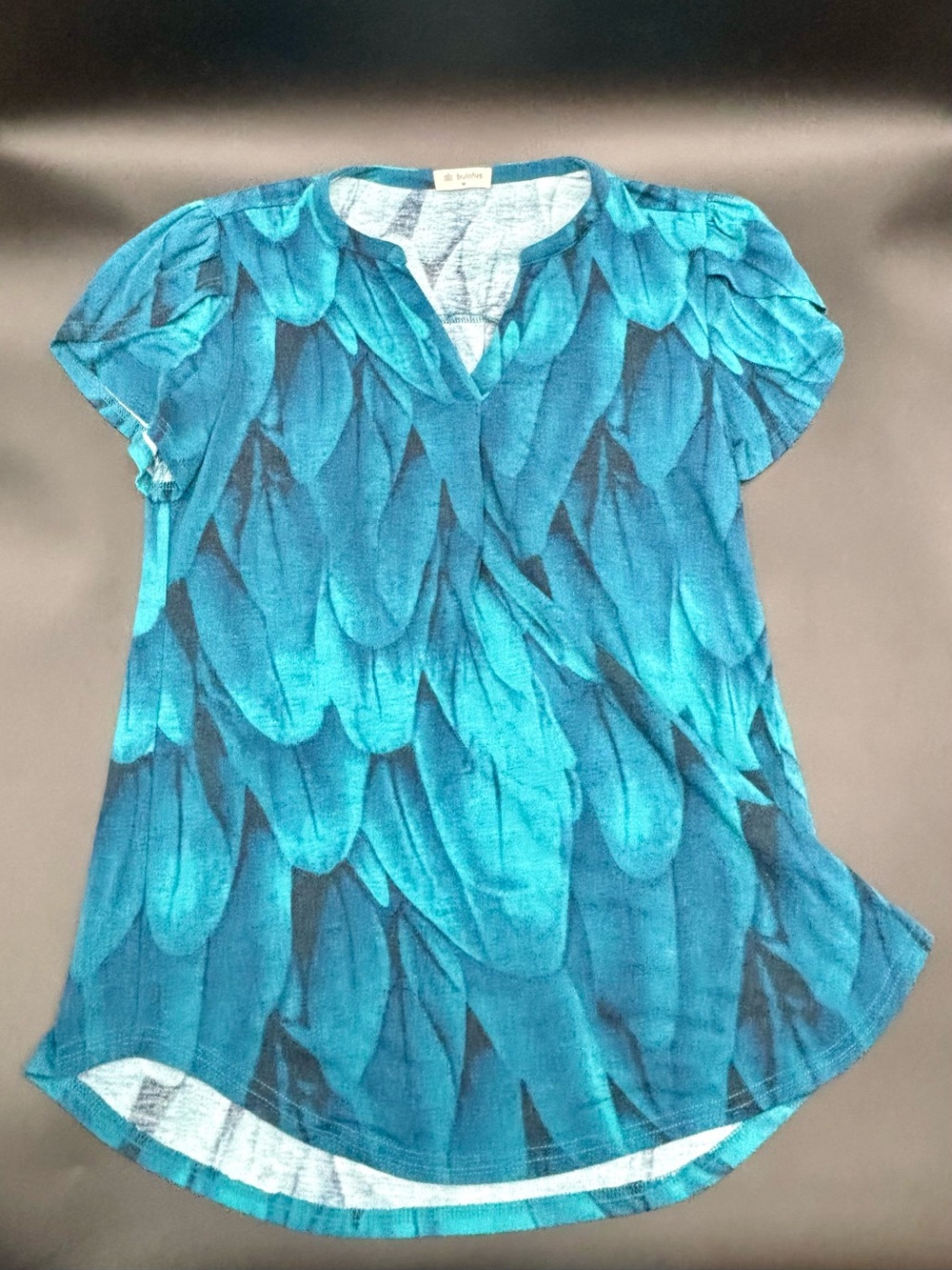 Bulotus Teal Feather Print Short Sleeve Tunic Top - Size M